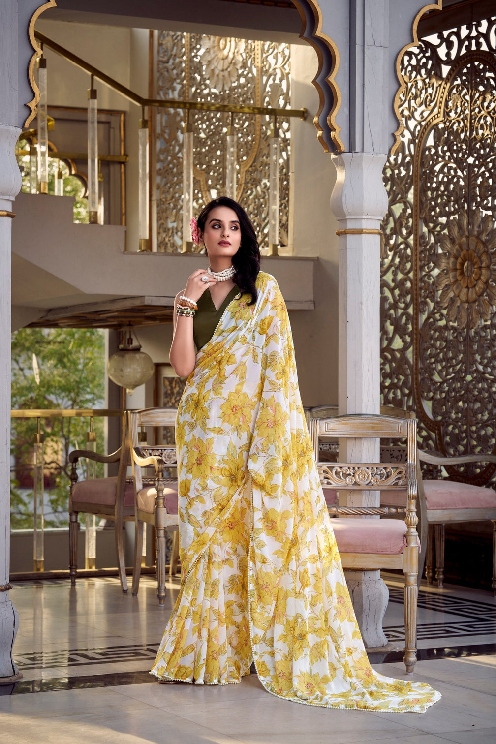 Yellow Floral Print Weightless Marble Saree with Pearl Lace Border & Moonga Silk Blouse