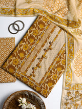 Libas Yellow Floral Printed Cotton Dress Material With Dupatta
