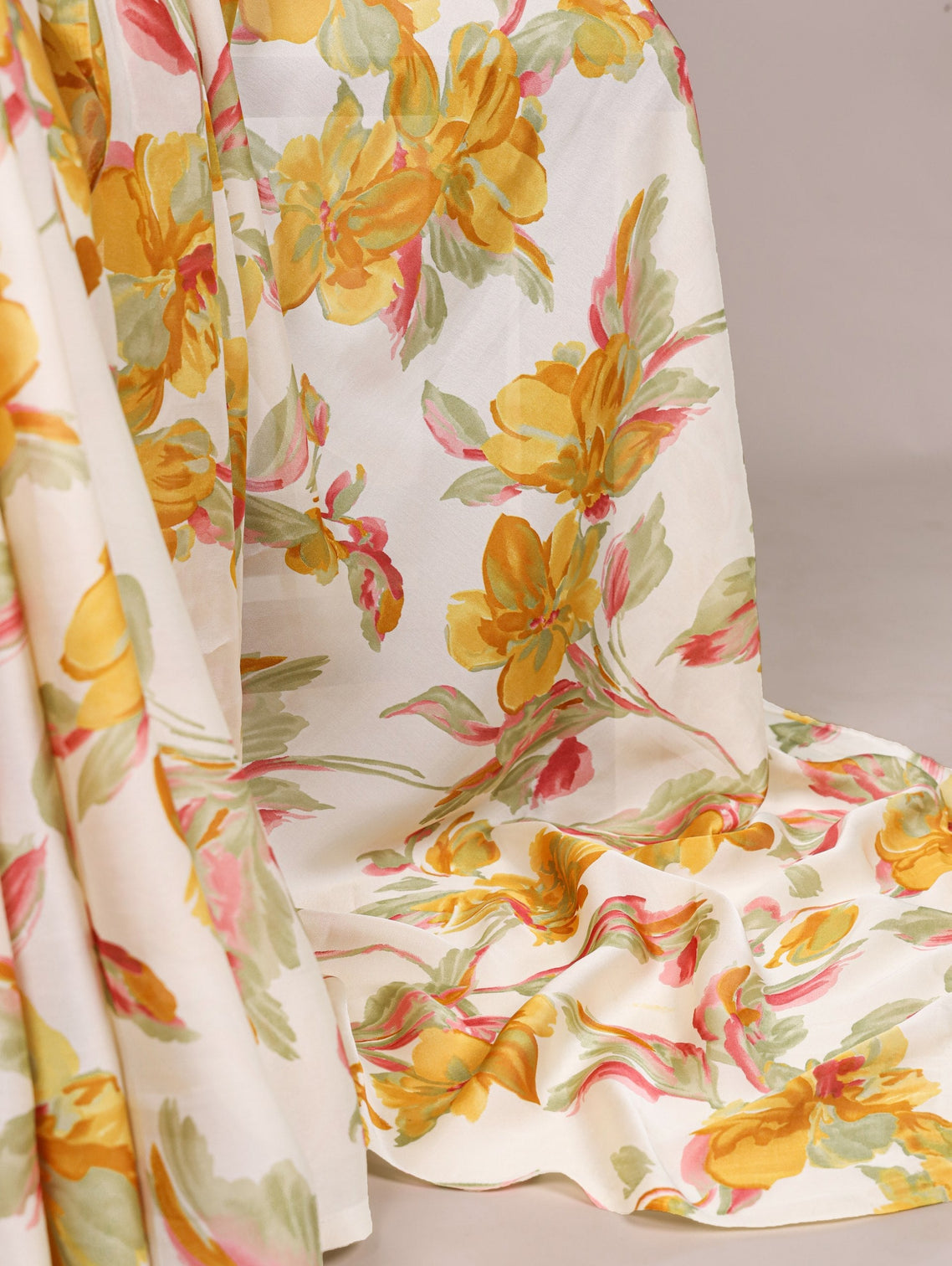 Yellow Floral Printed Satin Silk Saree with Fully Stitched Adjustable Natural Silk Blouse & Lace Detailing – Party & Festive Wear
