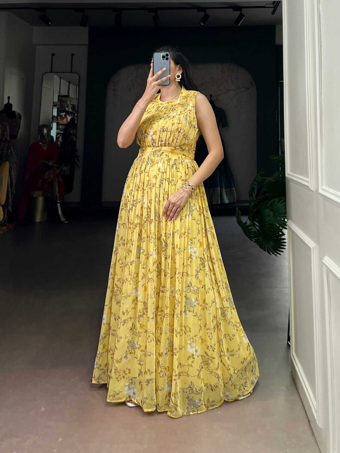 Yellow Floral Printed Weightless Marbal Long Dress with 3.40 Meter Flair, Silk Lining & Drawstring Zip Closure – Fully Stitched Party & Casual Wear