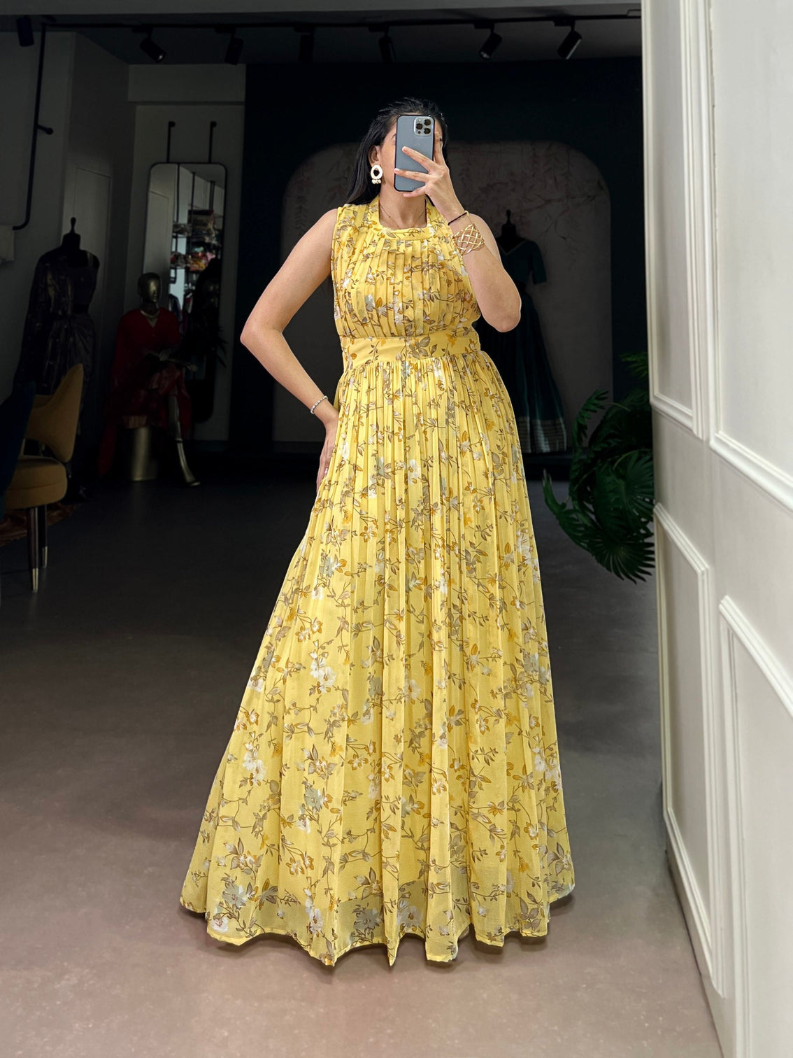 Yellow Floral Printed Weightless Marbal Long Dress with 3.40 Meter Flair, Silk Lining & Drawstring Zip Closure – Fully Stitched Party & Casual Wear