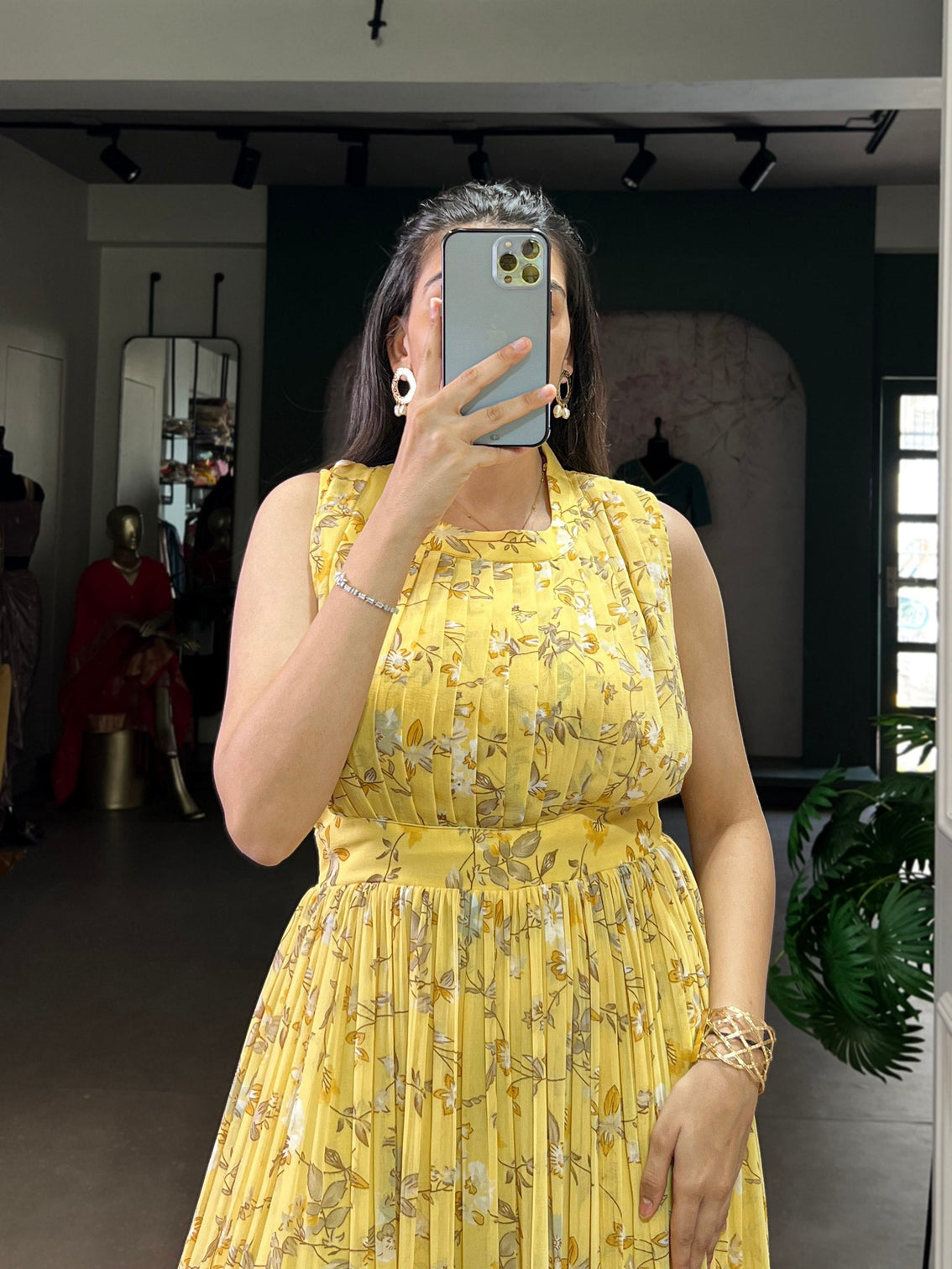 Yellow Floral Printed Weightless Marbal Long Dress with 3.40 Meter Flair, Silk Lining & Drawstring Zip Closure – Fully Stitched Party & Casual Wear