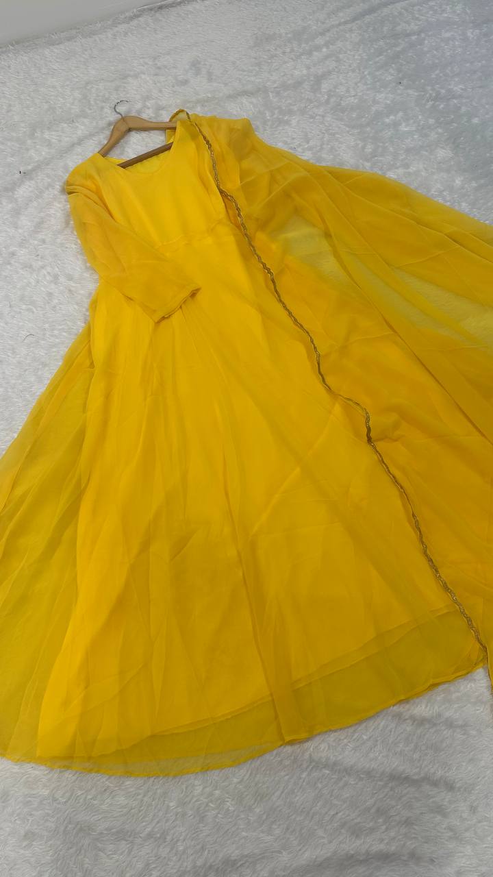 Yellow Flowing Georgette Gown Set with Dupatta & Border Detailing