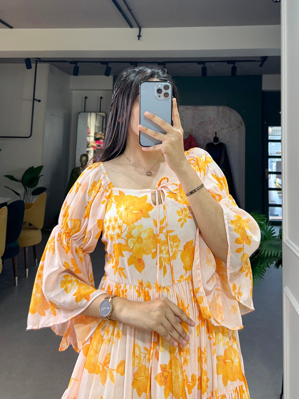 Yellow Flowy Georgette Floral Print Frock for Women