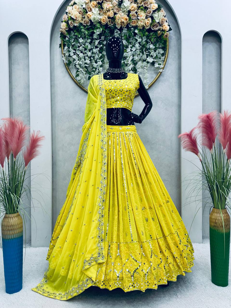 Yellow Fox Georgette Embroidered Lehenga Set with 9mm Sequins Semi-Stitched Elegance for Festive Glamour