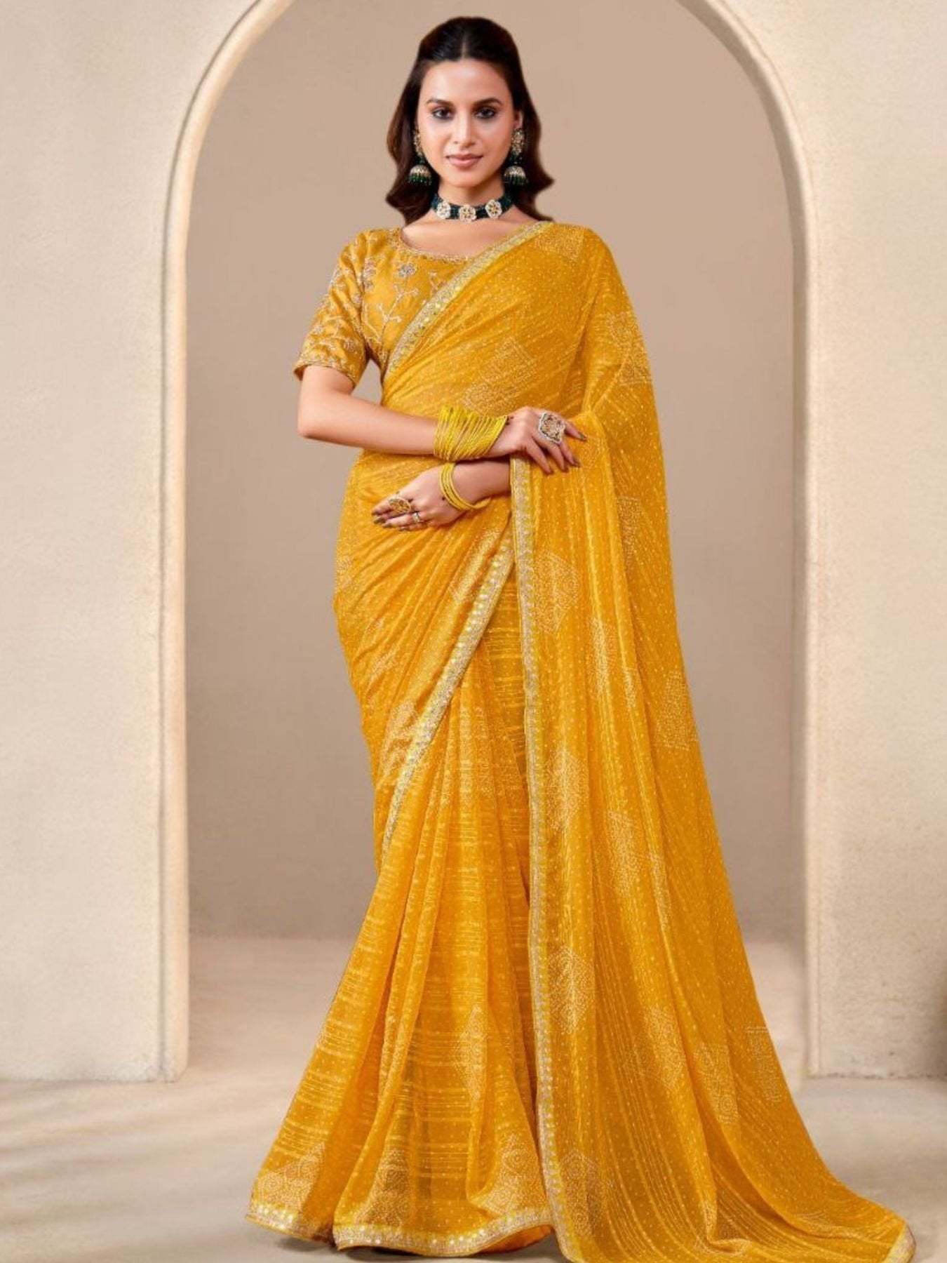 Yellow Georgette Bandhani Saree with Embroidered Border Look