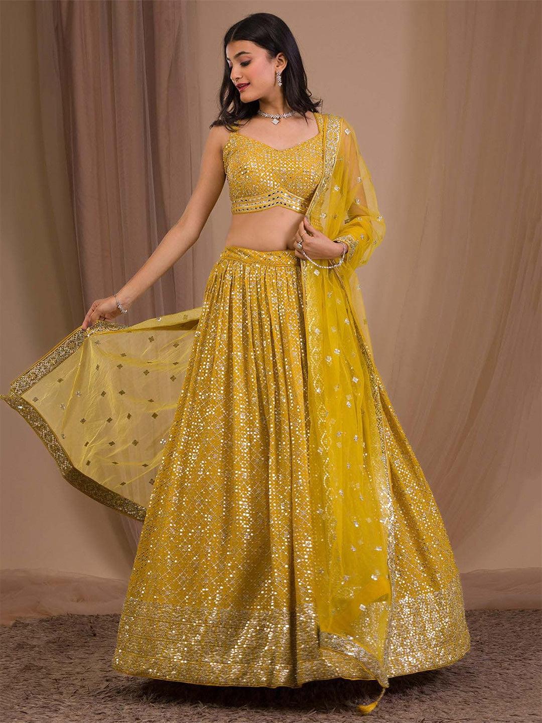 Yellow Georgette Embroidered and Sequinned lehenga choli