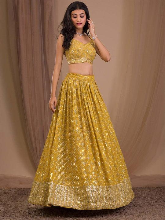 Yellow Georgette Embroidered and Sequinned lehenga choli