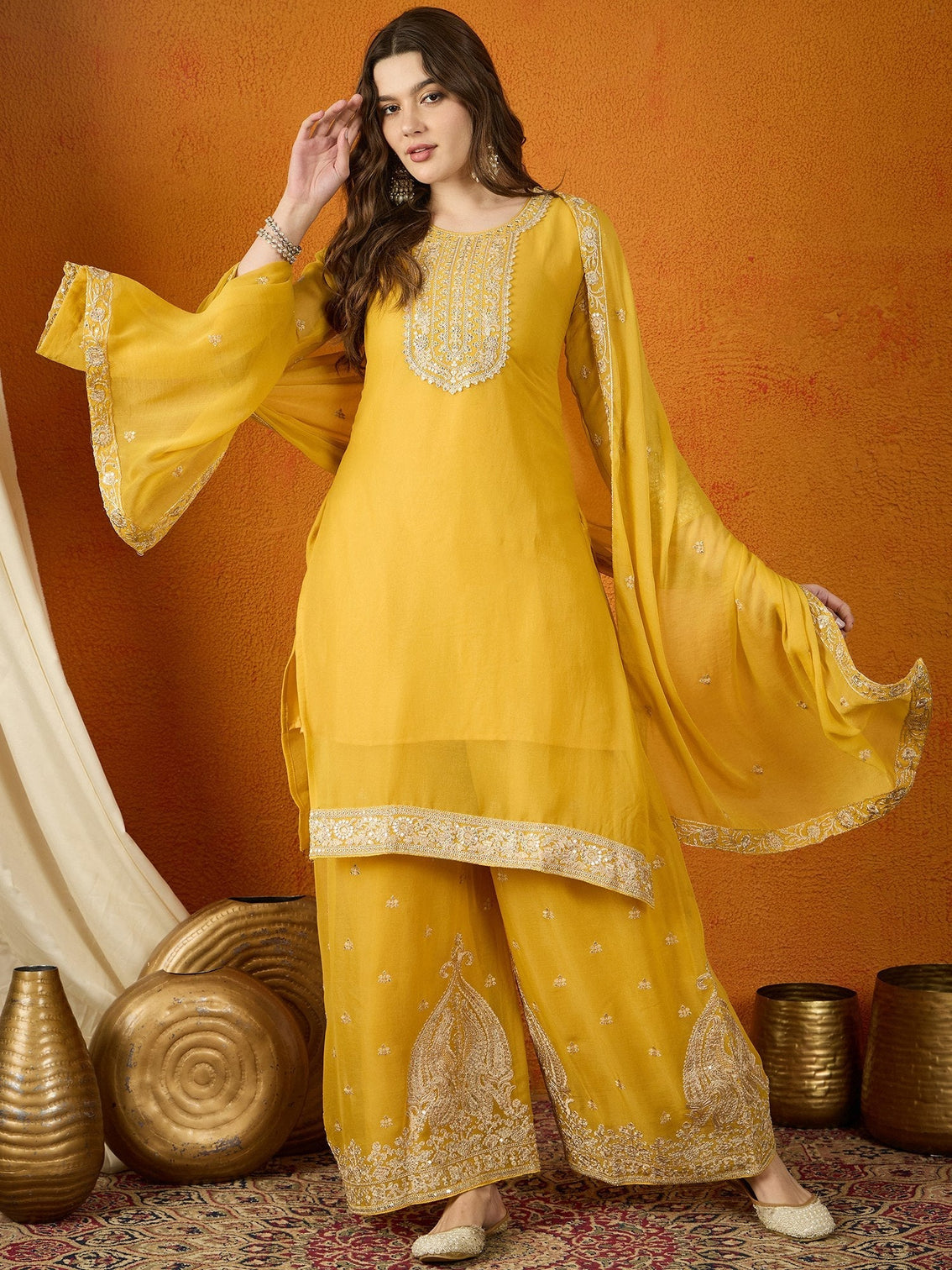 Yellow Georgette Embroidered Kurta Palazzo Set with Dupatta