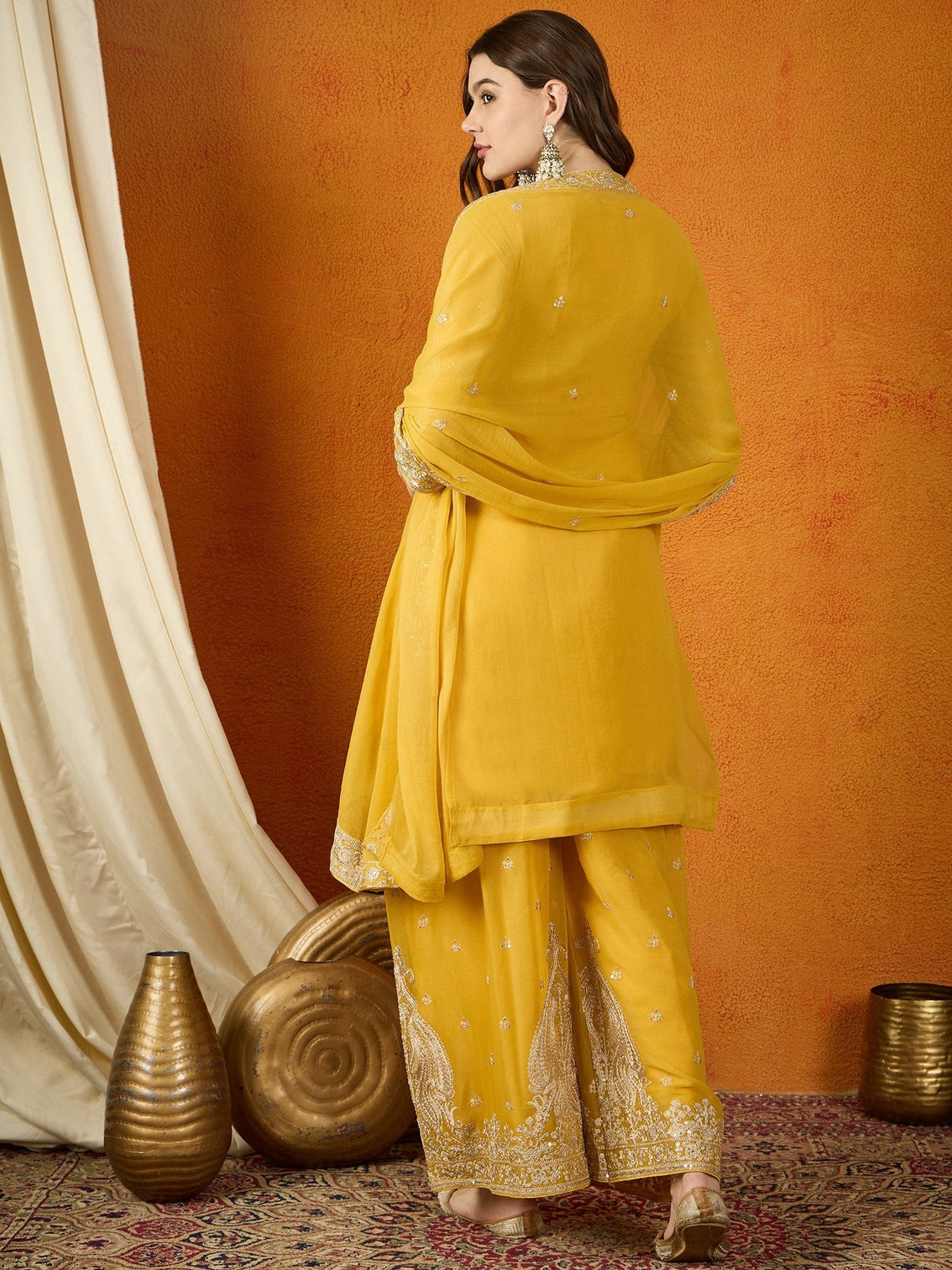 Yellow Georgette Embroidered Kurta Palazzo Set with Dupatta