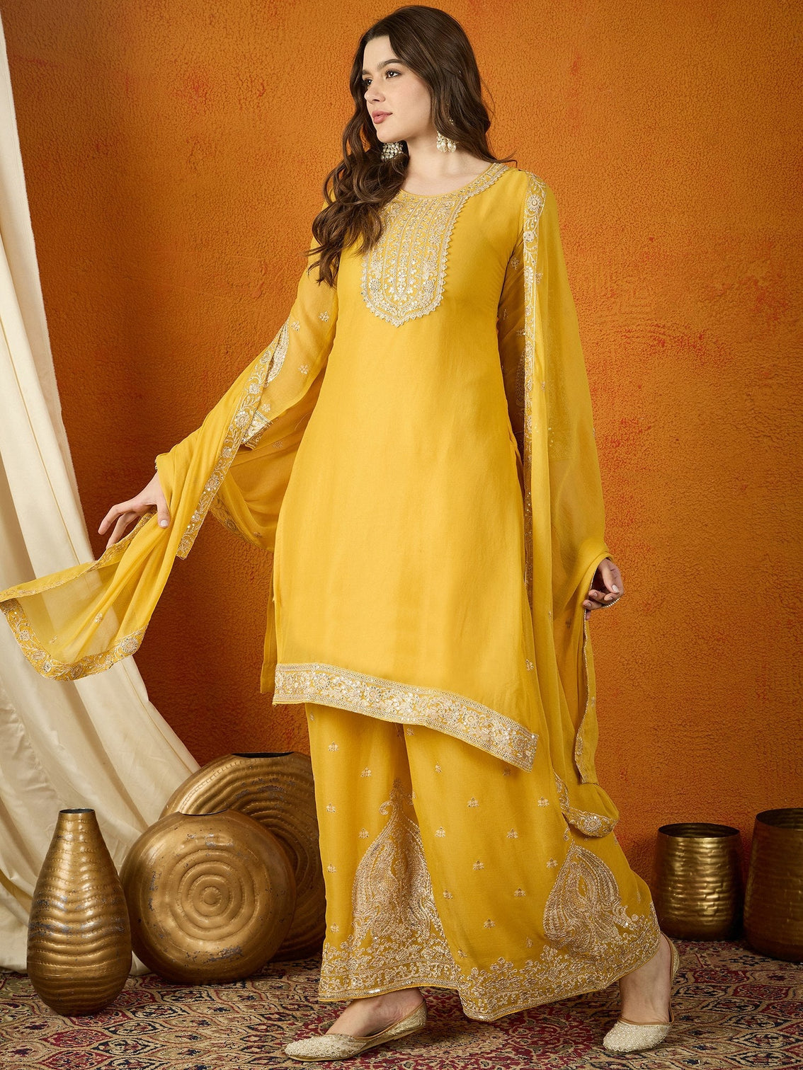 Yellow Georgette Embroidered Kurta Palazzo Set with Dupatta