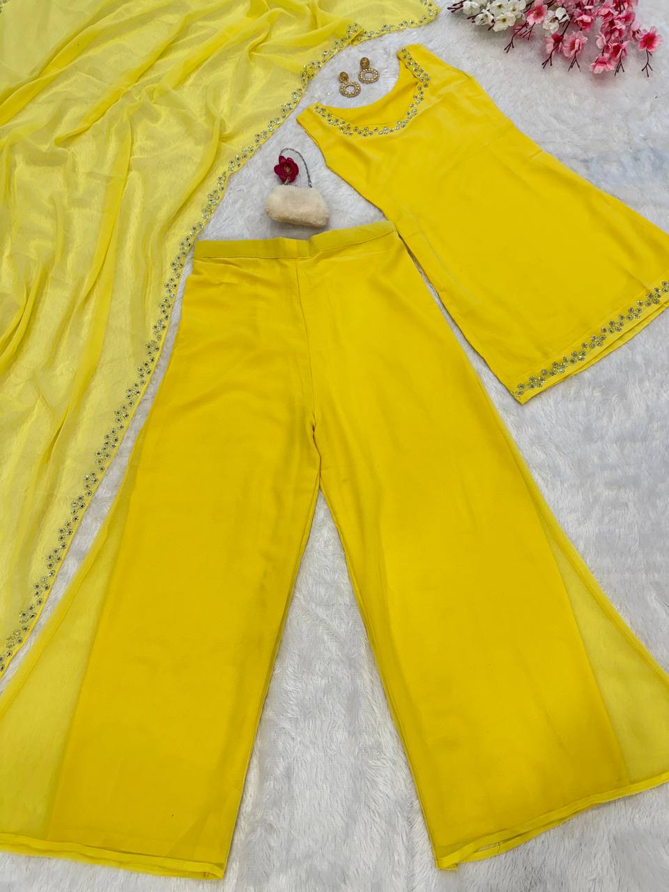 Yellow Georgette Real Mirror Work Kurti Set with Plazo & Dupatta Fully Stitched Ethnic Wear