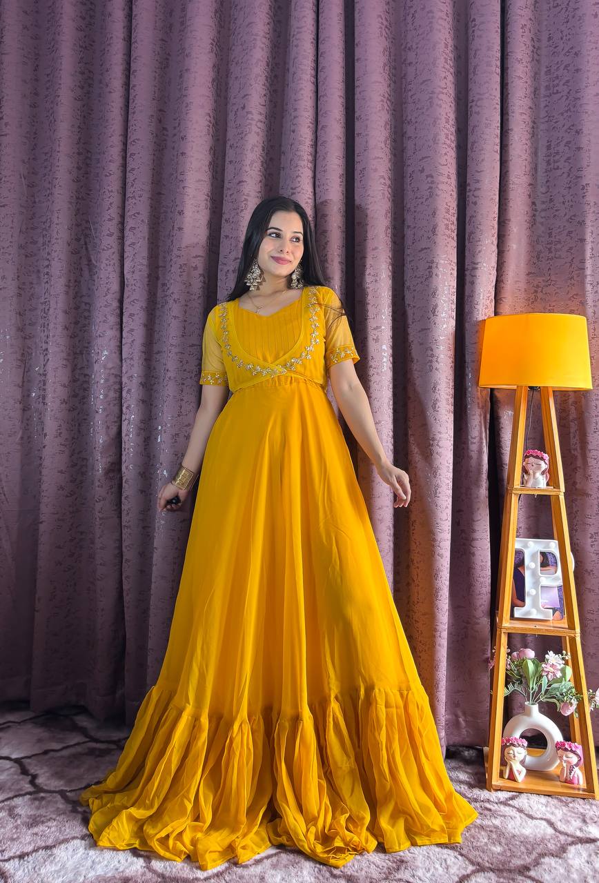 Yellow Georgette Ruffle Gown with Removable Net Koti – Festive Wear Collection