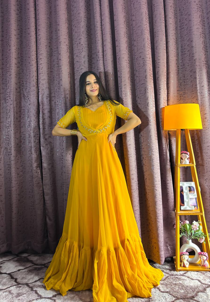 Yellow Georgette Ruffle Gown with Removable Net Koti – Festive Wear Collection