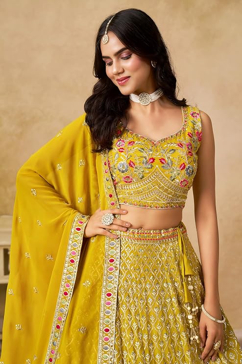 Yellow Georgette Sequin Lehenga Choli