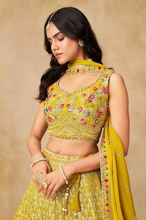 Yellow Georgette Sequin Lehenga Choli