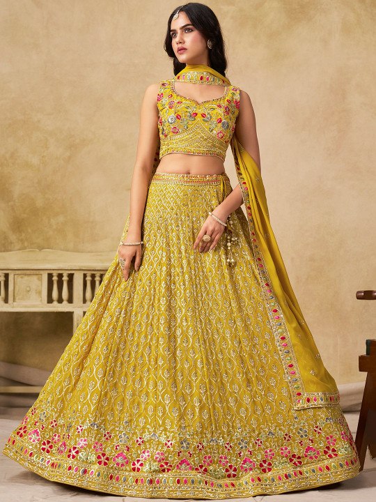 Yellow Georgette Sequin Lehenga Choli