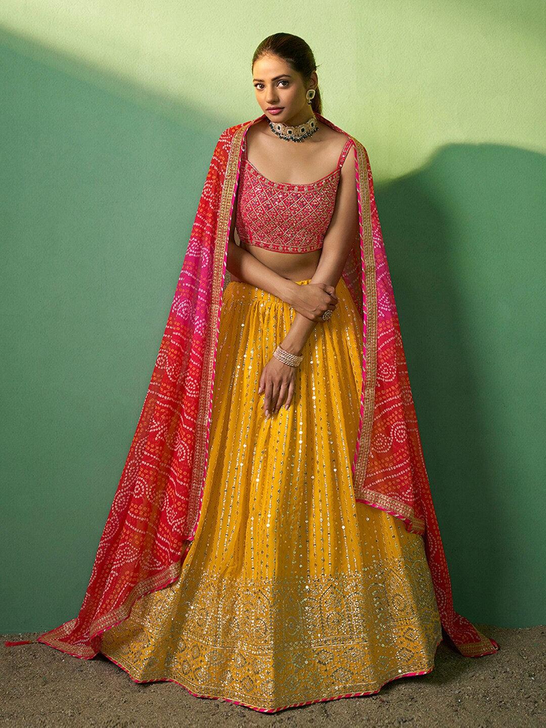 Yellow Georgette Sequined A-Line Lehenga choli