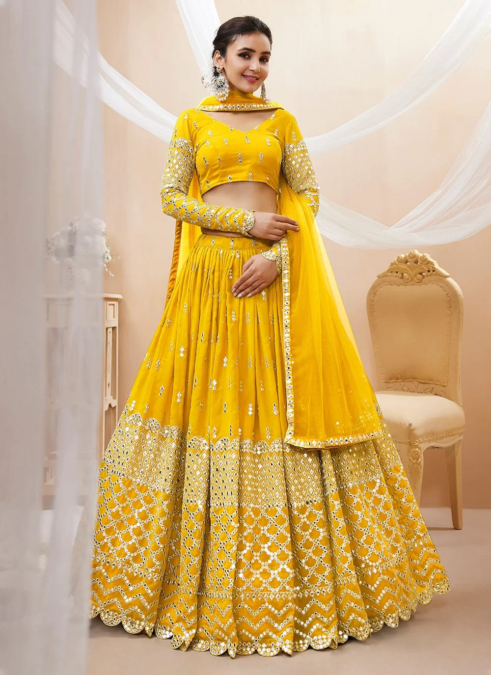 Yellow georgette sequins embroidered wedding haldi lehenga for women