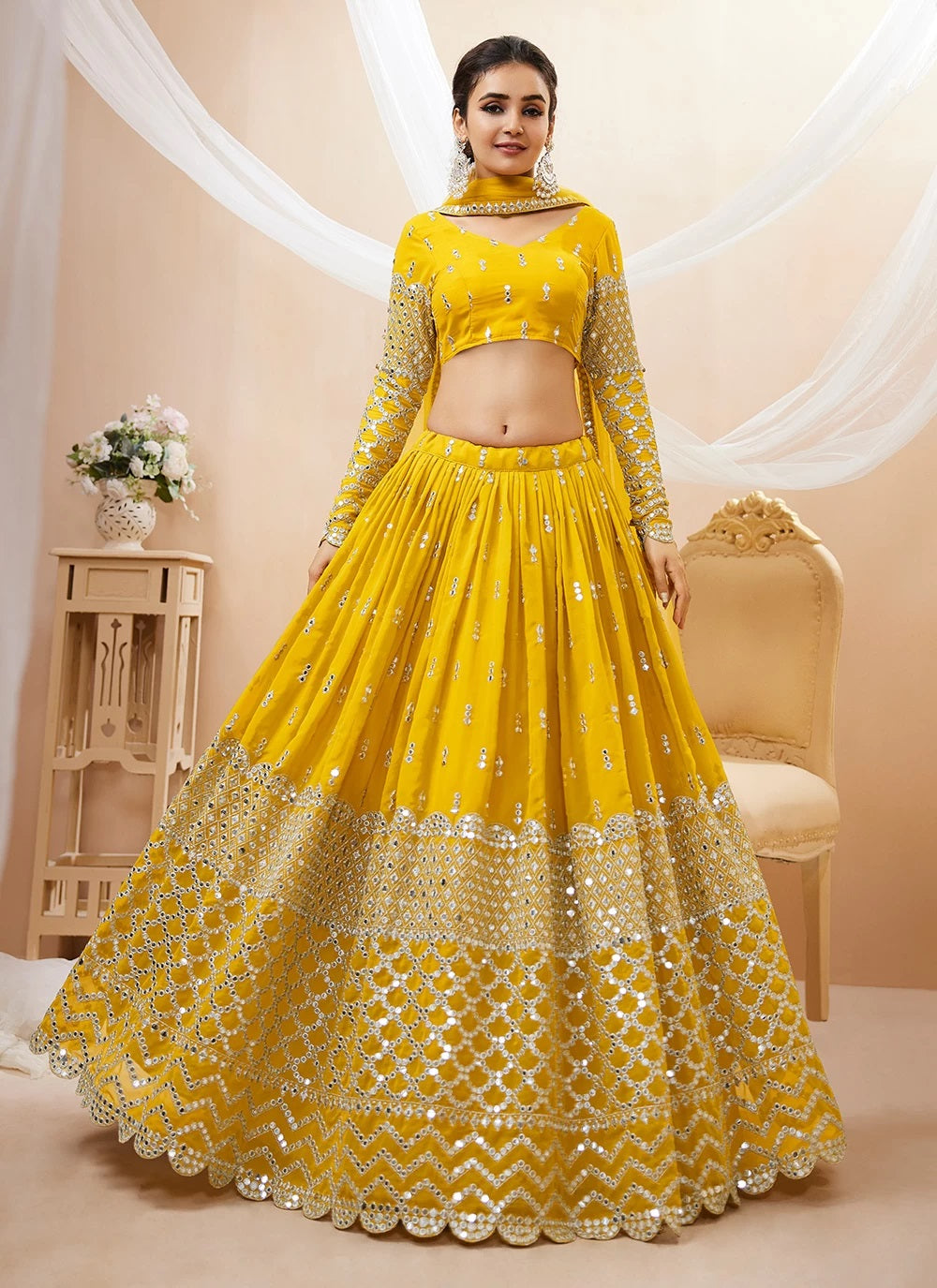 Yellow georgette sequins embroidered wedding haldi lehenga for women