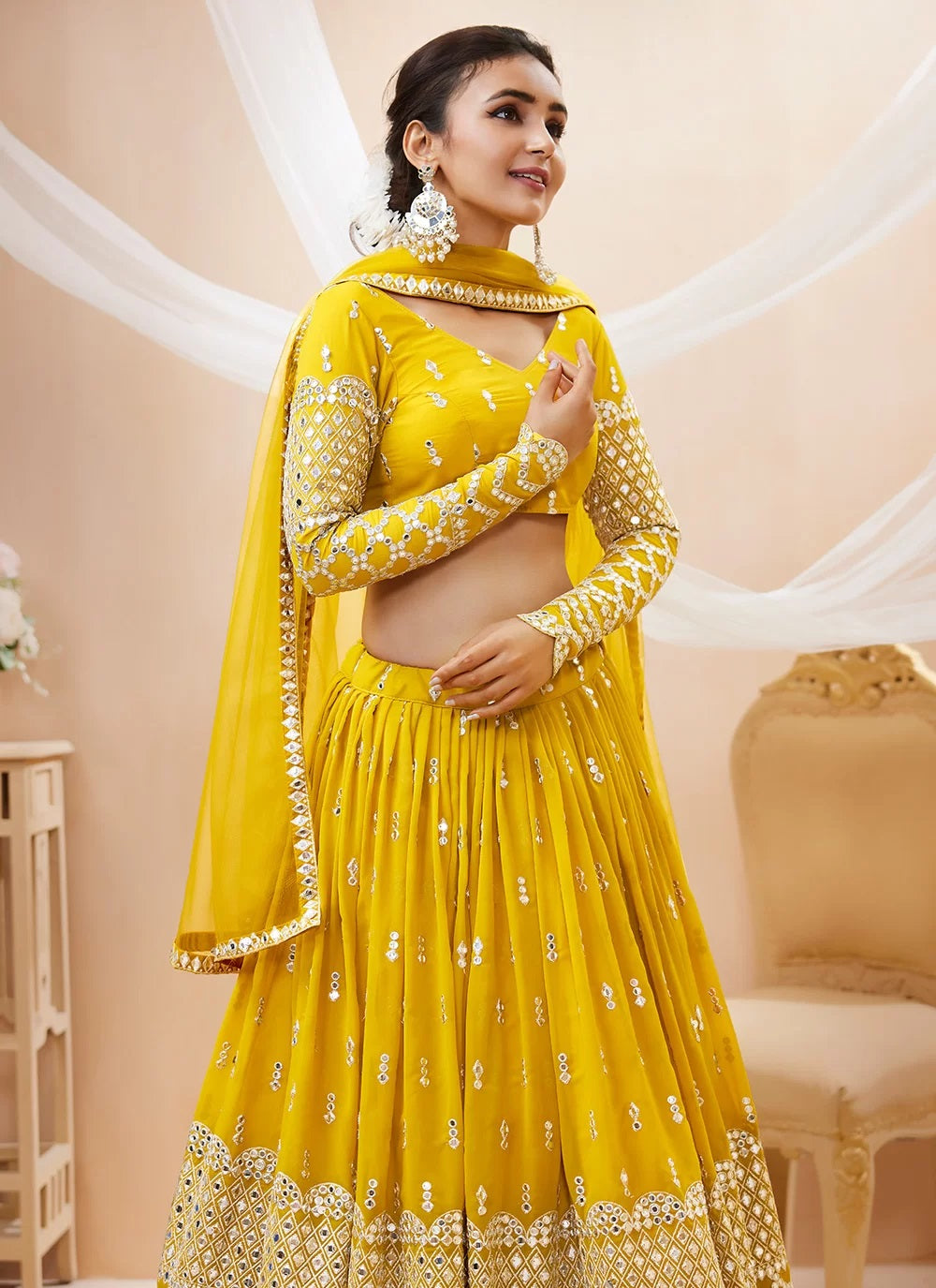 Yellow georgette sequins embroidered wedding haldi lehenga for women