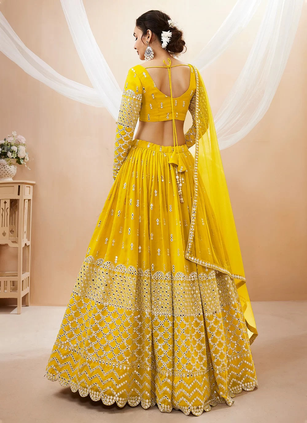 Yellow georgette sequins embroidered wedding haldi lehenga for women