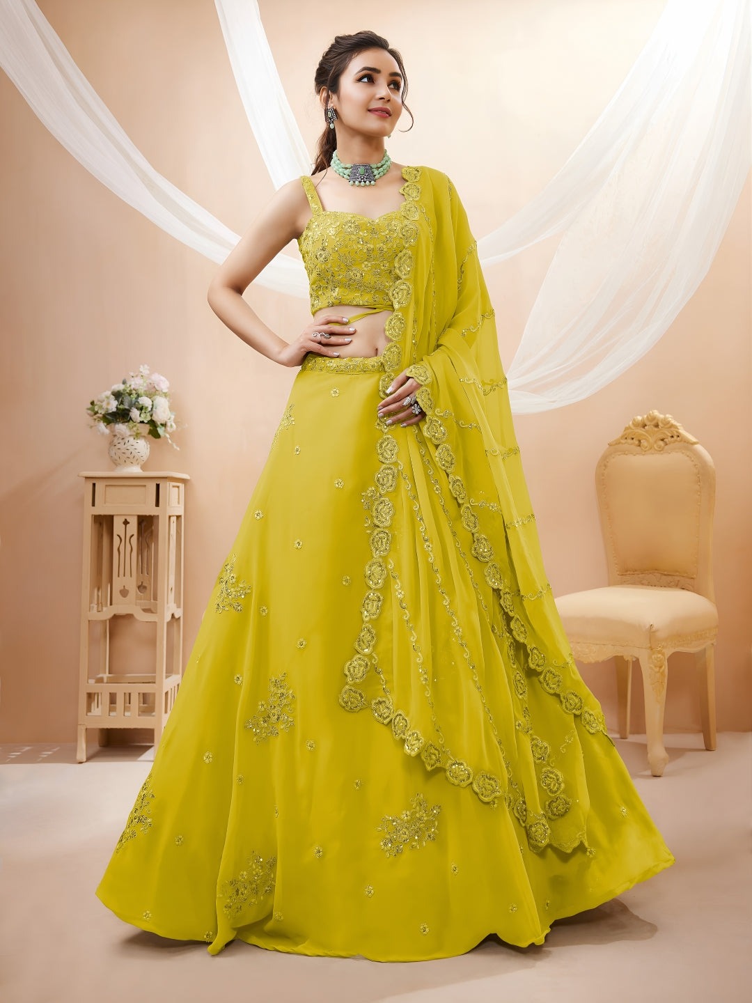 Georgette Zari, Sequin & Dori Embroidered Semi-Stitched Lehenga Choli