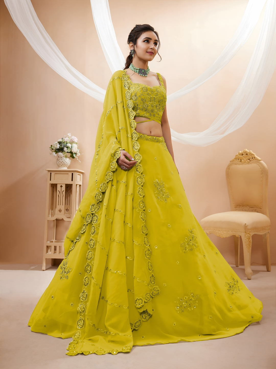 Georgette Zari, Sequin & Dori Embroidered Semi-Stitched Lehenga Choli