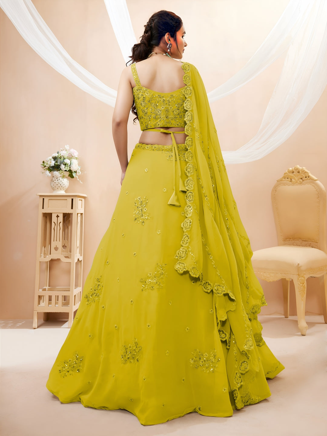 Georgette Zari, Sequin & Dori Embroidered Semi-Stitched Lehenga Choli