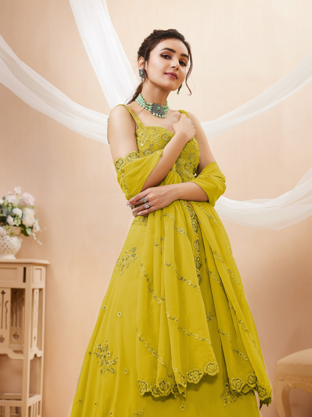 Georgette Zari, Sequin & Dori Embroidered Semi-Stitched Lehenga Choli