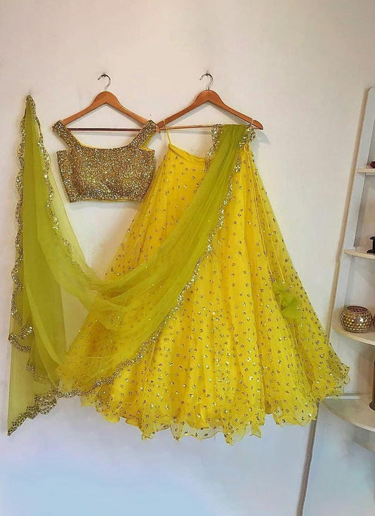 Yellow Glitter Sequins Work Lehenga Choli