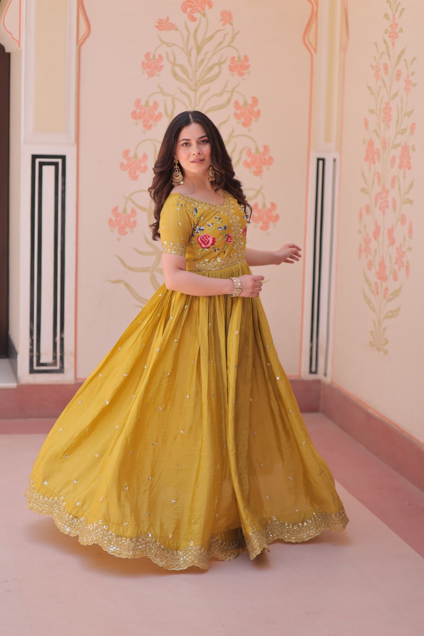 Yellow Gold Crush Gown with Multicolor Thread Embroidery & Sequin Zari Work