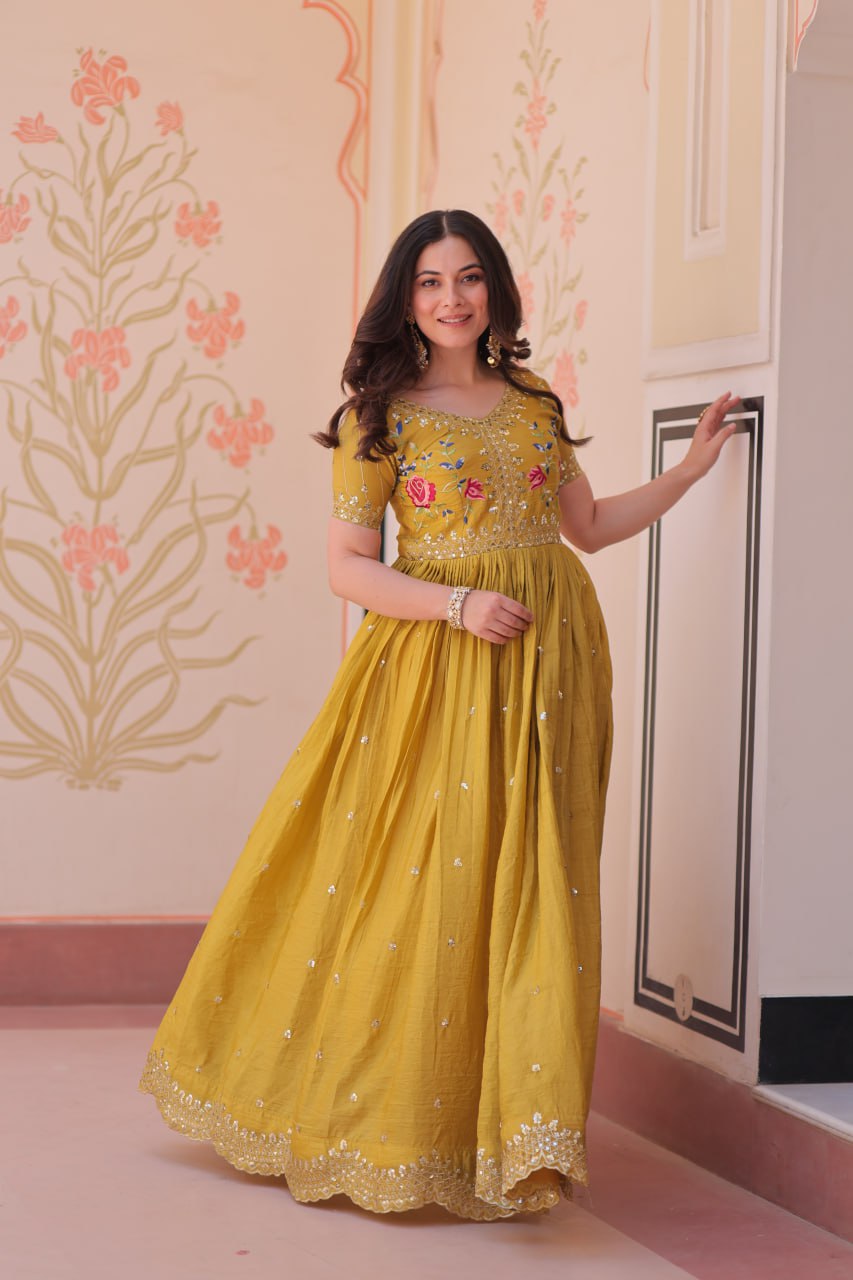 Yellow Gold Crush Gown with Multicolor Thread Embroidery & Sequin Zari Work