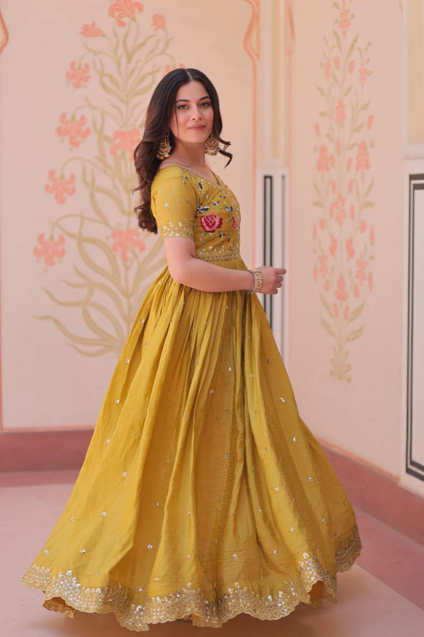 Yellow Gold Crush Gown with Multicolor Thread Embroidery & Sequin Zari Work