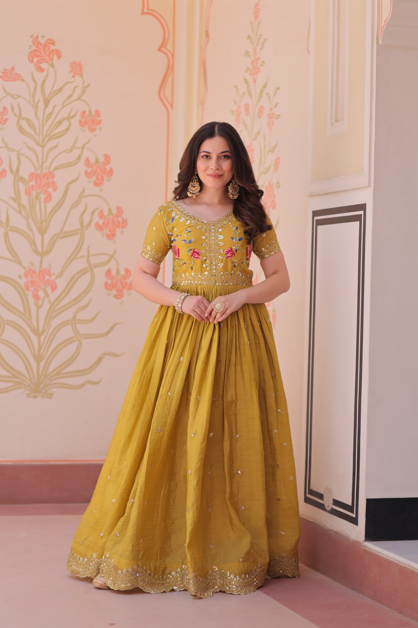 Yellow Gold Crush Gown with Multicolor Thread Embroidery & Sequin Zari Work