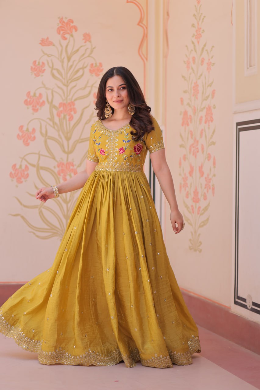 Yellow Gold Crush Gown with Multicolor Thread Embroidery & Sequin Zari Work