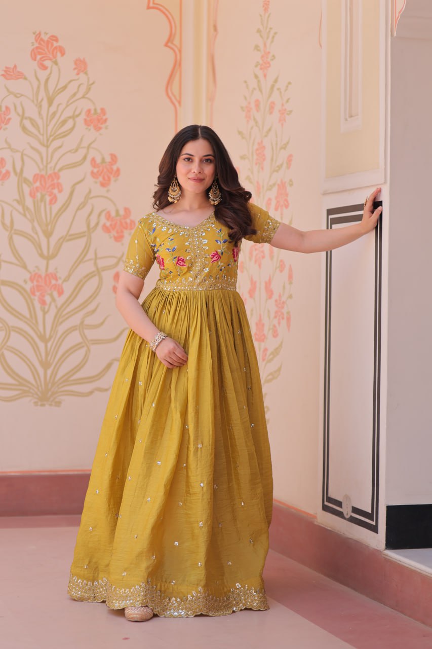 Yellow Gold Crush Gown with Multicolor Thread Embroidery & Sequin Zari Work