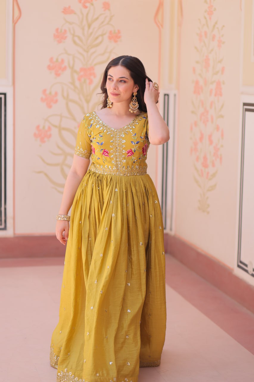 Yellow Gold Crush Gown with Multicolor Thread Embroidery & Sequin Zari Work