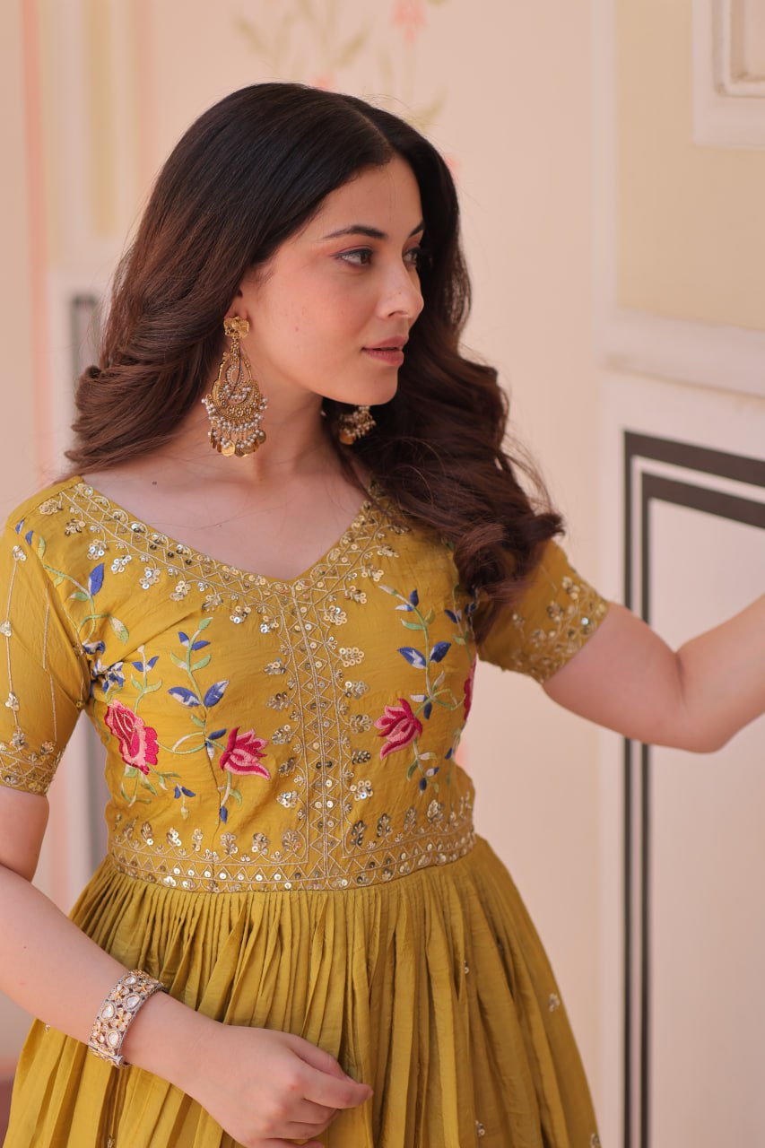Yellow Gold Crush Gown with Multicolor Thread Embroidery & Sequin Zari Work