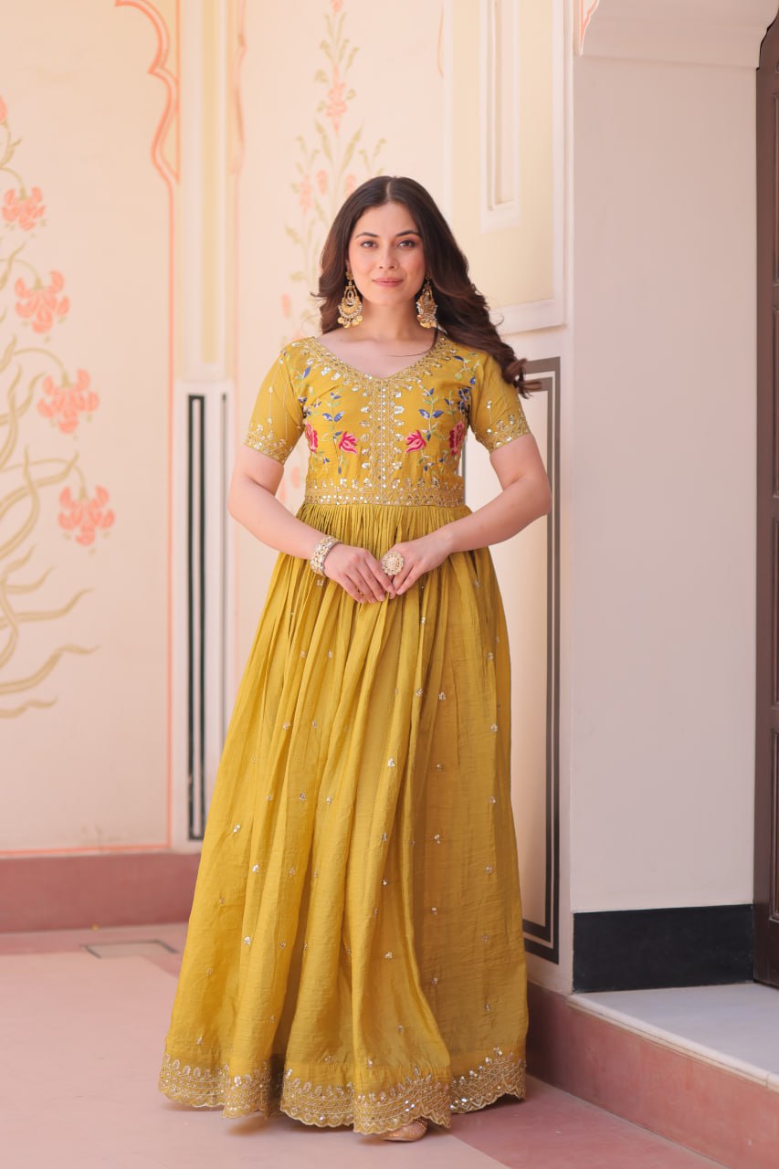 Yellow Gold Crush Gown with Multicolor Thread Embroidery & Sequin Zari Work