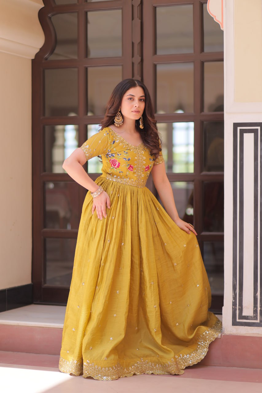 Yellow Gold Crush Gown with Multicolor Thread Embroidery & Sequin Zari Work