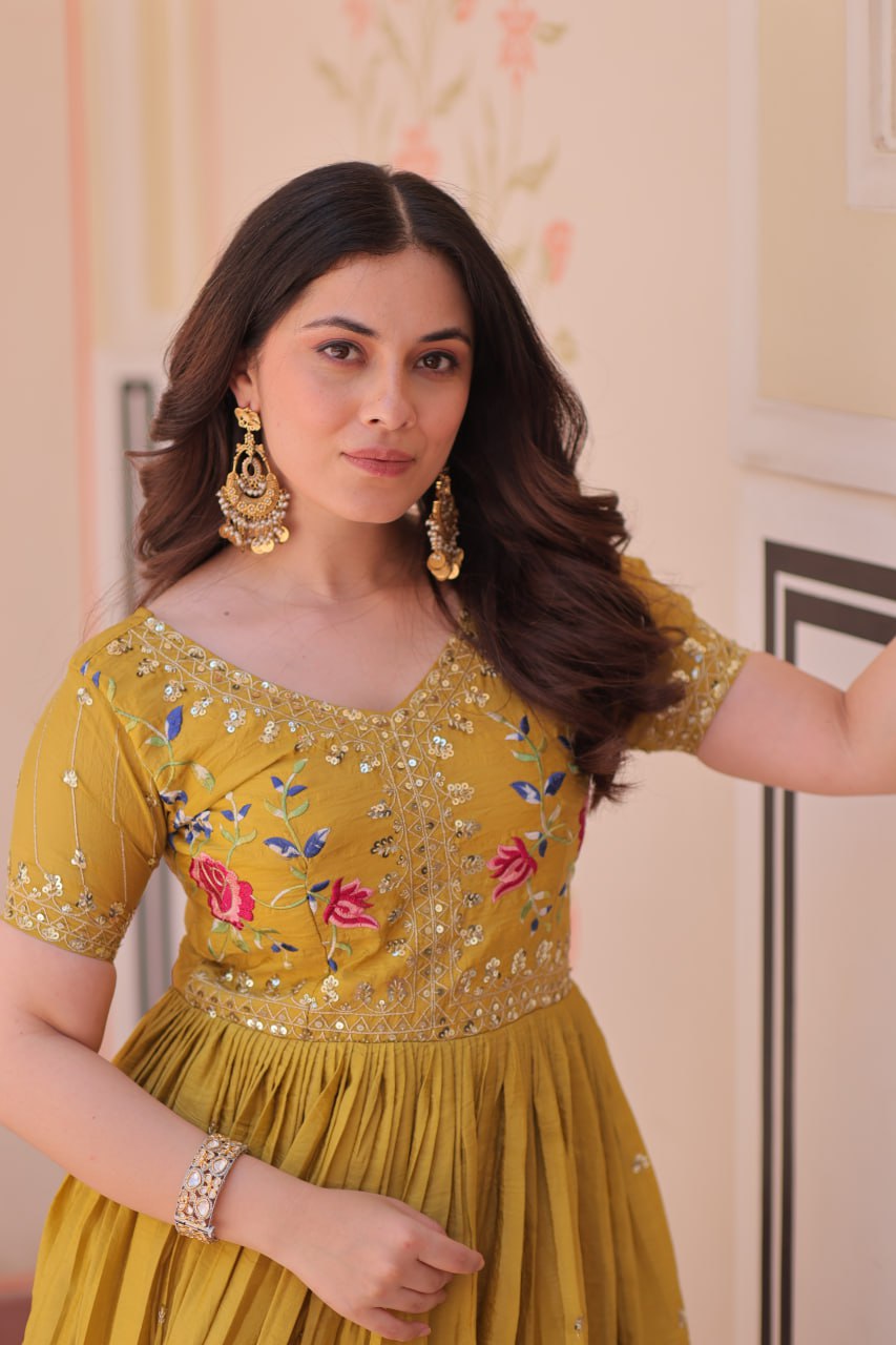 Yellow Gold Crush Gown with Multicolor Thread Embroidery & Sequin Zari Work