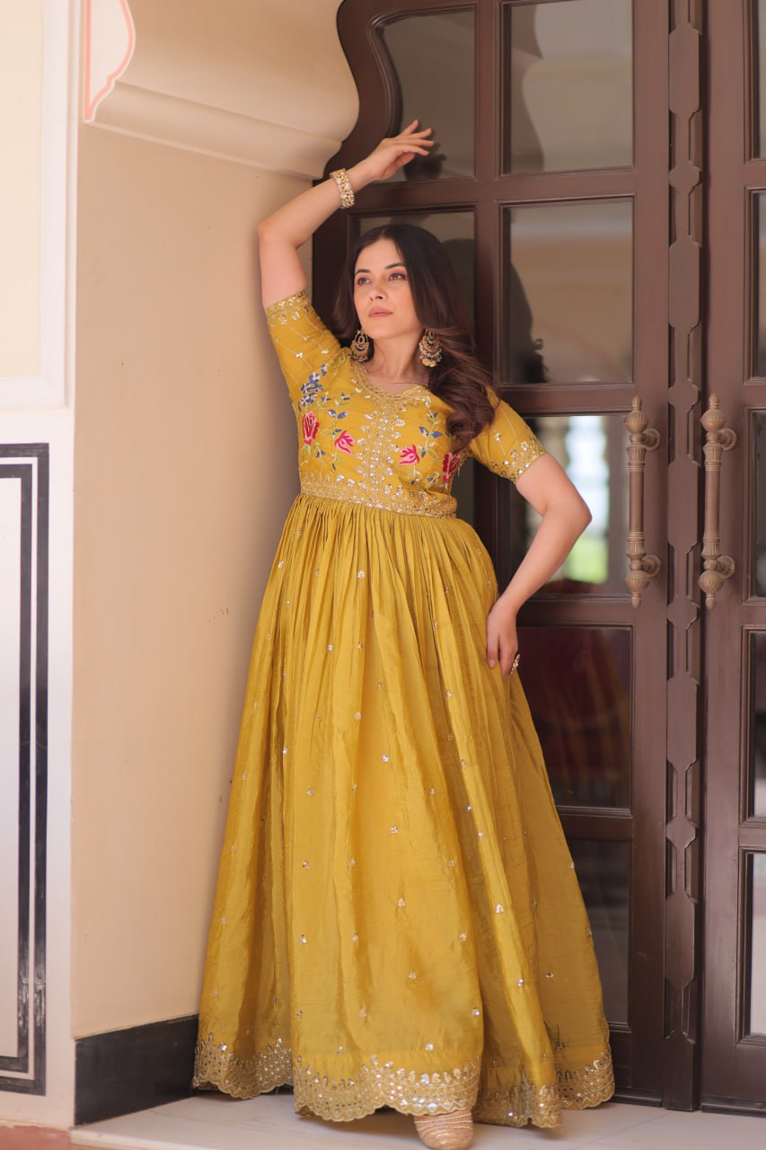 Yellow Gold Crush Gown with Multicolor Thread Embroidery & Sequin Zari Work