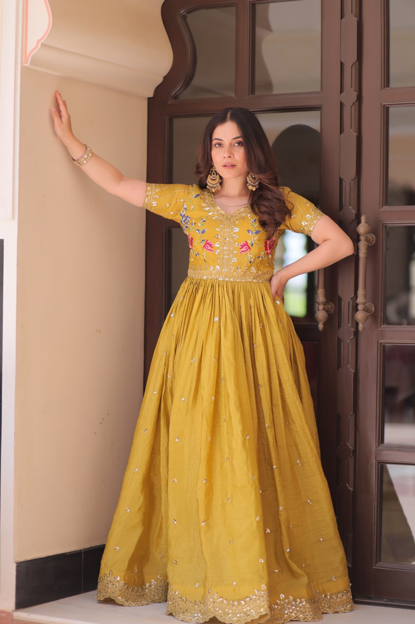 Yellow Gold Crush Gown with Multicolor Thread Embroidery & Sequin Zari Work