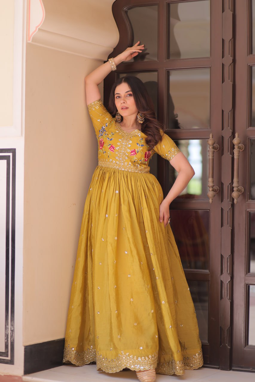 Yellow Gold Crush Gown with Multicolor Thread Embroidery & Sequin Zari Work