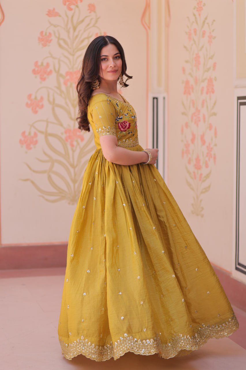 Yellow Gold Crush Gown with Multicolor Thread Embroidery & Sequin Zari Work