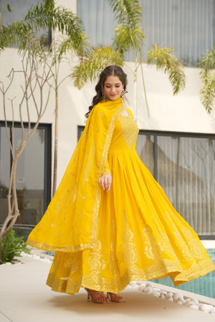 Yellow Graceful Faux Blooming Embroidered Gown with Sequins Dupatta – Fully Stitched Elegance