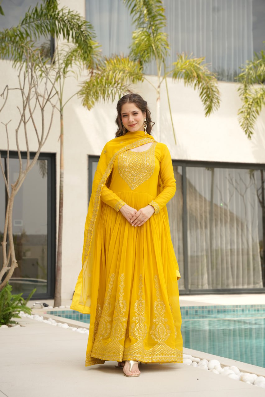 Yellow Graceful Faux Blooming Embroidered Gown with Sequins Dupatta – Fully Stitched Elegance