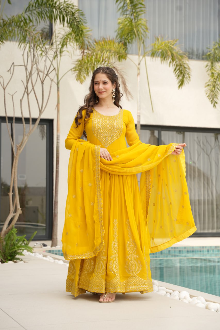 Yellow Graceful Faux Blooming Embroidered Gown with Sequins Dupatta – Fully Stitched Elegance
