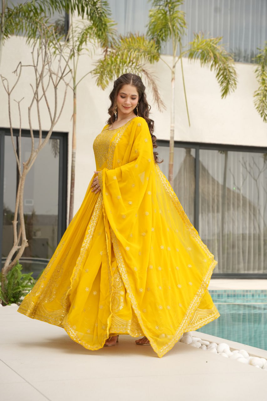 Yellow Graceful Faux Blooming Embroidered Gown with Sequins Dupatta – Fully Stitched Elegance